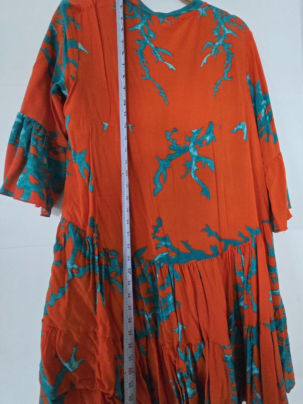 Turkis Otantik Cotton Coral Print Mini Dress Bell Sleeve Orange Turquoise L - Picture 7 of 9